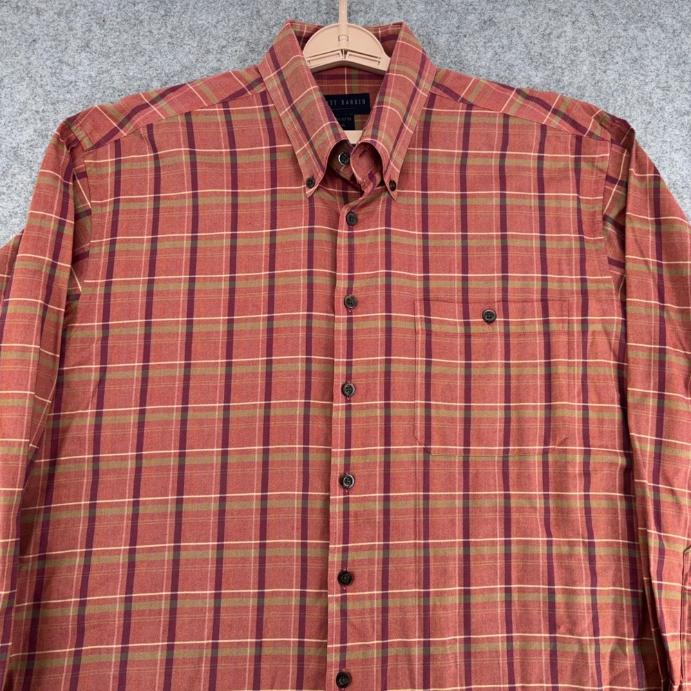 Scott Barber Mens XL Red Plaid Button Down Shirt 100% Cotton Long Sleeve Pocket